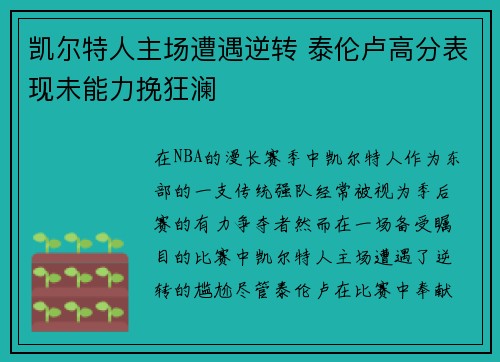 凯尔特人主场遭遇逆转 泰伦卢高分表现未能力挽狂澜