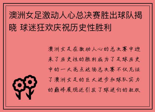 澳洲女足激动人心总决赛胜出球队揭晓 球迷狂欢庆祝历史性胜利