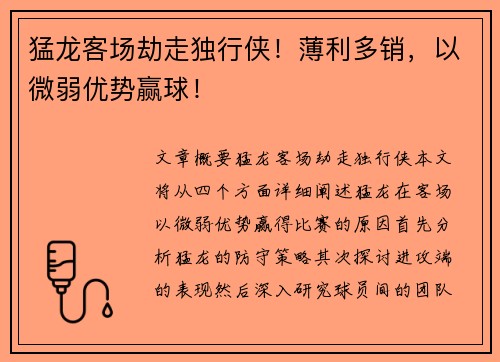 猛龙客场劫走独行侠！薄利多销，以微弱优势赢球！