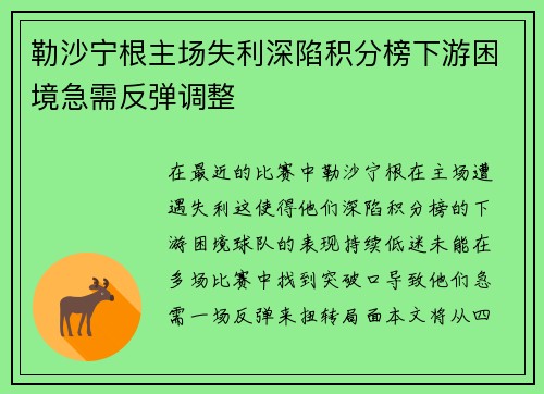勒沙宁根主场失利深陷积分榜下游困境急需反弹调整