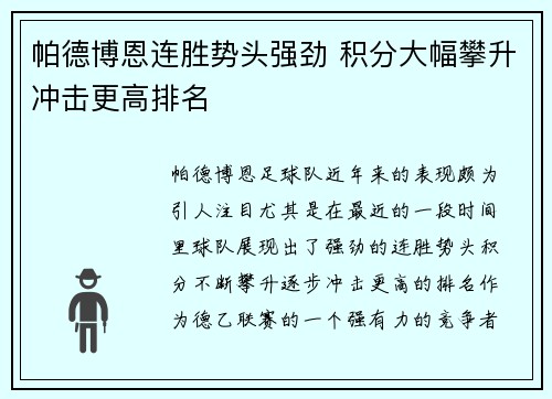 帕德博恩连胜势头强劲 积分大幅攀升冲击更高排名