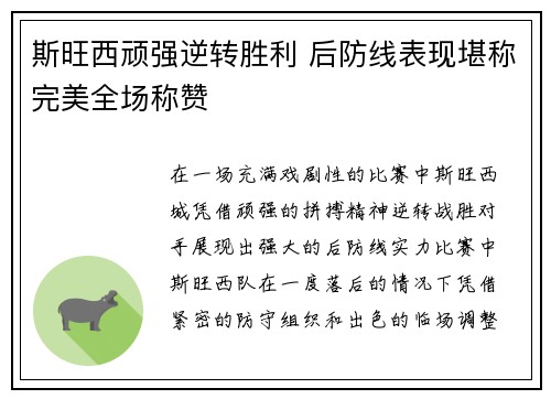 斯旺西顽强逆转胜利 后防线表现堪称完美全场称赞