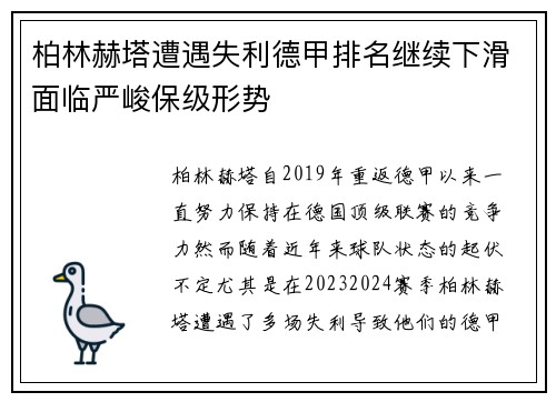 柏林赫塔遭遇失利德甲排名继续下滑面临严峻保级形势