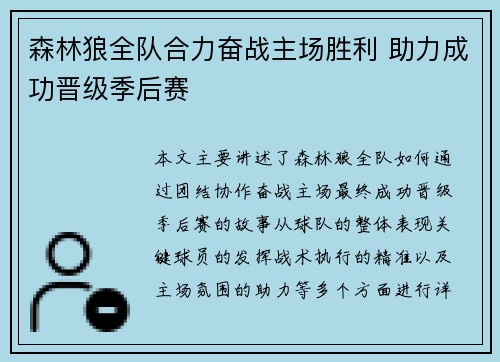 森林狼全队合力奋战主场胜利 助力成功晋级季后赛