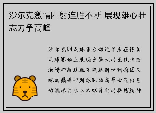 沙尔克激情四射连胜不断 展现雄心壮志力争高峰