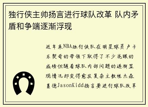 独行侠主帅扬言进行球队改革 队内矛盾和争端逐渐浮现